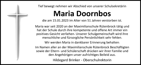 Traueranzeige von Maria Doornbos von Neue Osnabrücker Zeitung GmbH & Co. KG