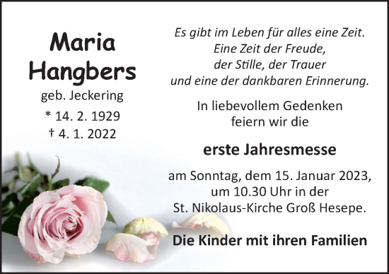 Traueranzeige von Maria Hangbers von Neue Osnabrücker Zeitung GmbH & Co. KG