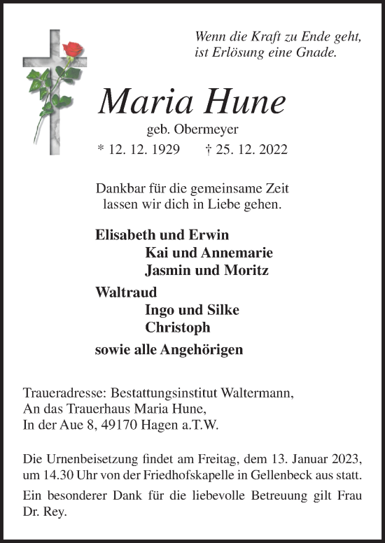 Traueranzeige von Maria Hune von Neue Osnabrücker Zeitung GmbH & Co. KG