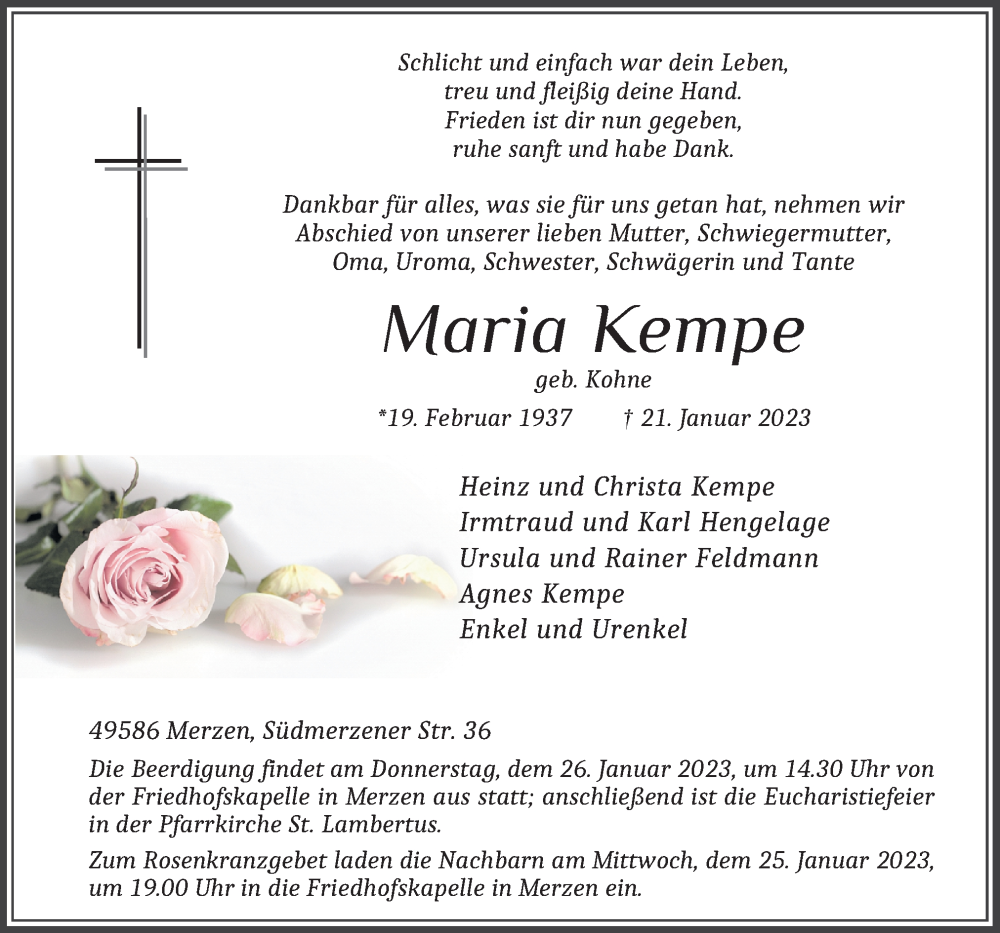  Traueranzeige für Maria Kempe vom 23.01.2023 aus Neue Osnabrücker Zeitung GmbH & Co. KG