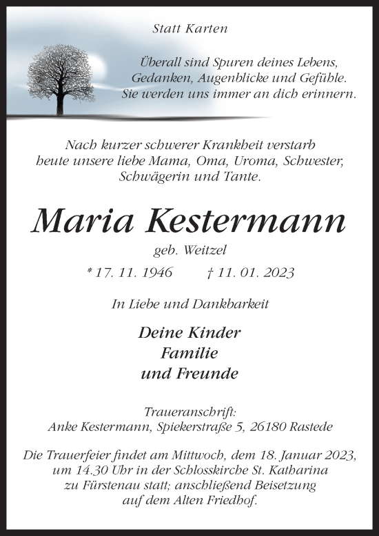 Traueranzeige von Maria Kestermann von Neue Osnabrücker Zeitung GmbH & Co. KG