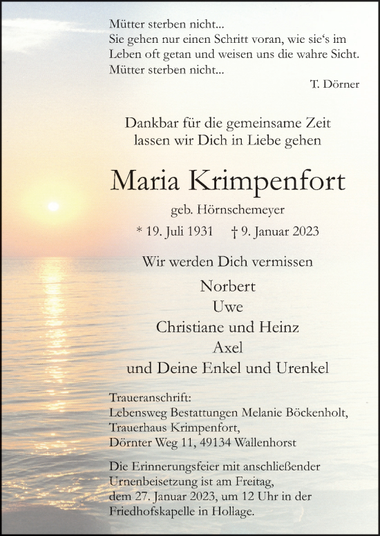 Traueranzeige von Maria Krimpenfort von Neue Osnabrücker Zeitung GmbH & Co. KG