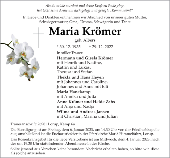 Traueranzeige von Maria Krömer von Neue Osnabrücker Zeitung GmbH & Co. KG