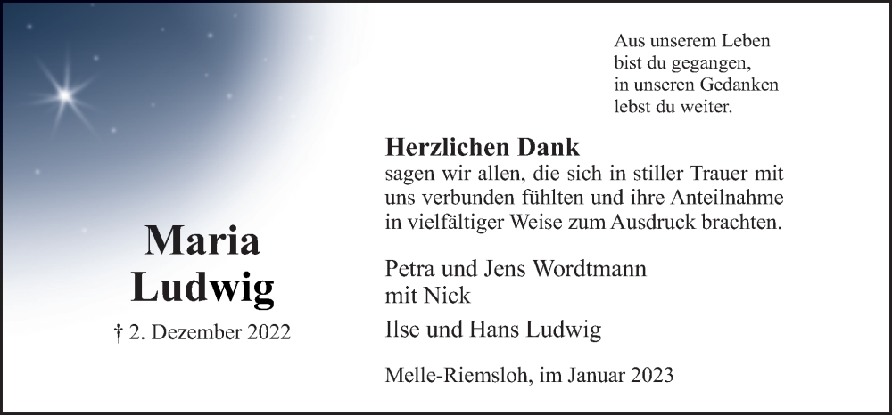  Traueranzeige für Maria Ludwig vom 21.01.2023 aus Neue Osnabrücker Zeitung GmbH & Co. KG