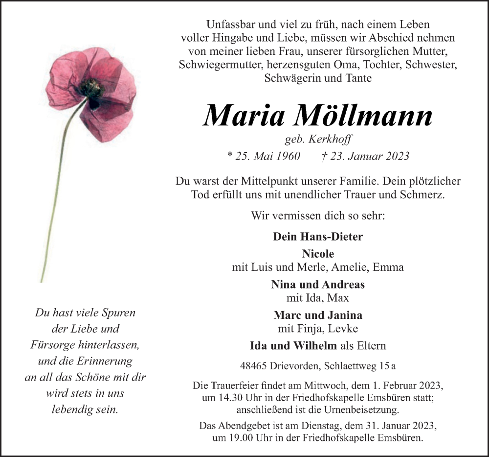  Traueranzeige für Maria Möllmann vom 27.01.2023 aus Neue Osnabrücker Zeitung GmbH & Co. KG