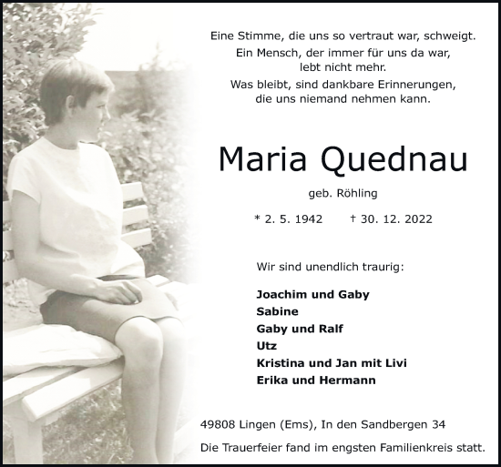 Traueranzeige von Maria Quednau von Neue Osnabrücker Zeitung GmbH & Co. KG