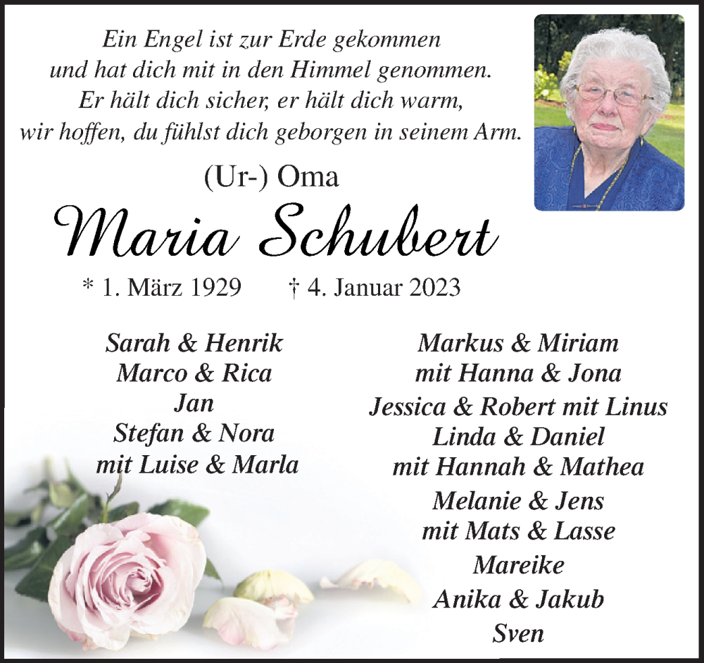  Traueranzeige für Maria Schubert vom 07.01.2023 aus Neue Osnabrücker Zeitung GmbH & Co. KG