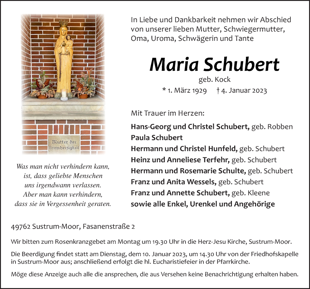  Traueranzeige für Maria Schubert vom 07.01.2023 aus Neue Osnabrücker Zeitung GmbH & Co. KG