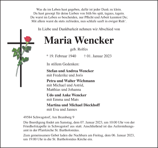 Traueranzeige von Maria Wencker von Neue Osnabrücker Zeitung GmbH & Co. KG