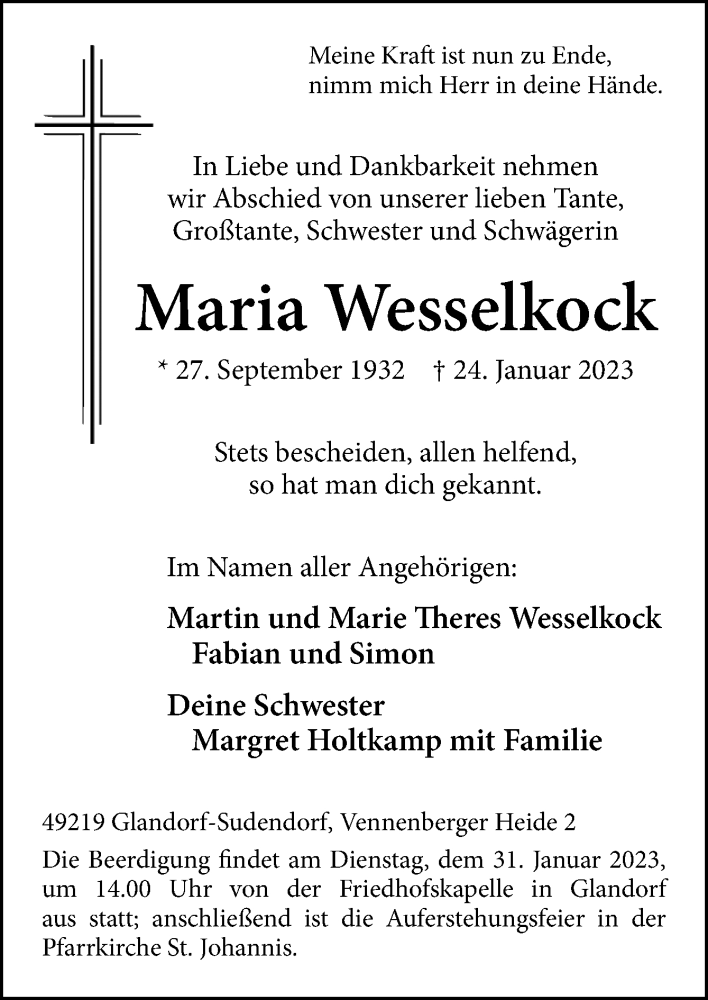  Traueranzeige für Maria Wesselkock vom 27.01.2023 aus Neue Osnabrücker Zeitung GmbH & Co. KG