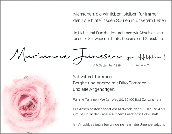Traueranzeige von Marianne Janssen von Neue Osnabrücker Zeitung GmbH & Co. KG