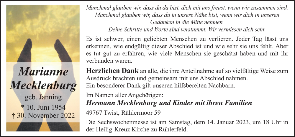  Traueranzeige für Marianne Mecklenburg vom 11.01.2023 aus Neue Osnabrücker Zeitung GmbH & Co. KG