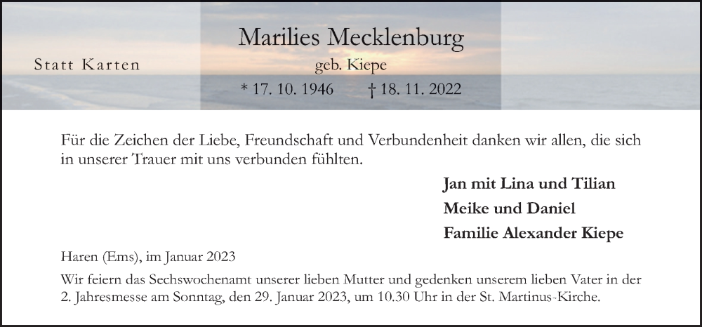  Traueranzeige für Marilies Mecklenburg vom 25.01.2023 aus Neue Osnabrücker Zeitung GmbH & Co. KG