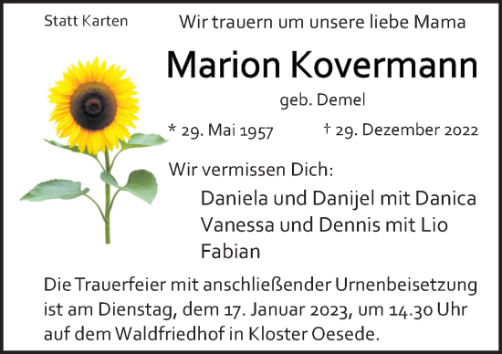 Traueranzeige von Marion Kovermann von Neue Osnabrücker Zeitung GmbH & Co. KG