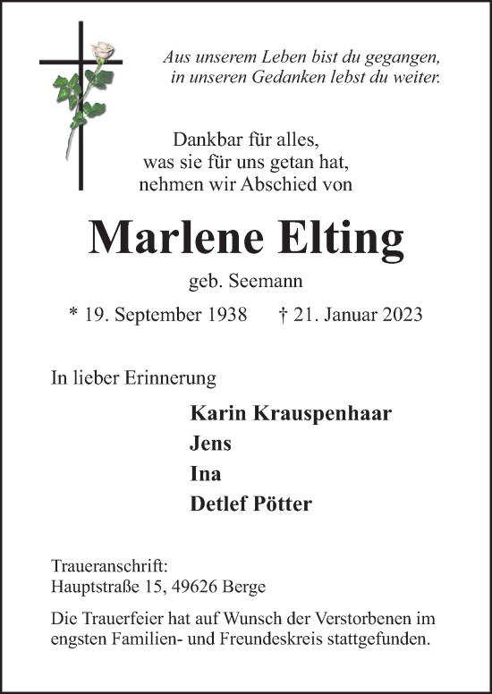Traueranzeige von Marlene Elting von Neue Osnabrücker Zeitung GmbH & Co. KG