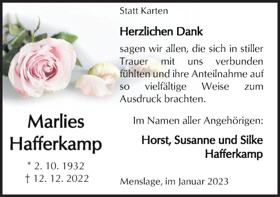 Traueranzeige von Marlies Hafferkamp von Neue Osnabrücker Zeitung GmbH & Co. KG