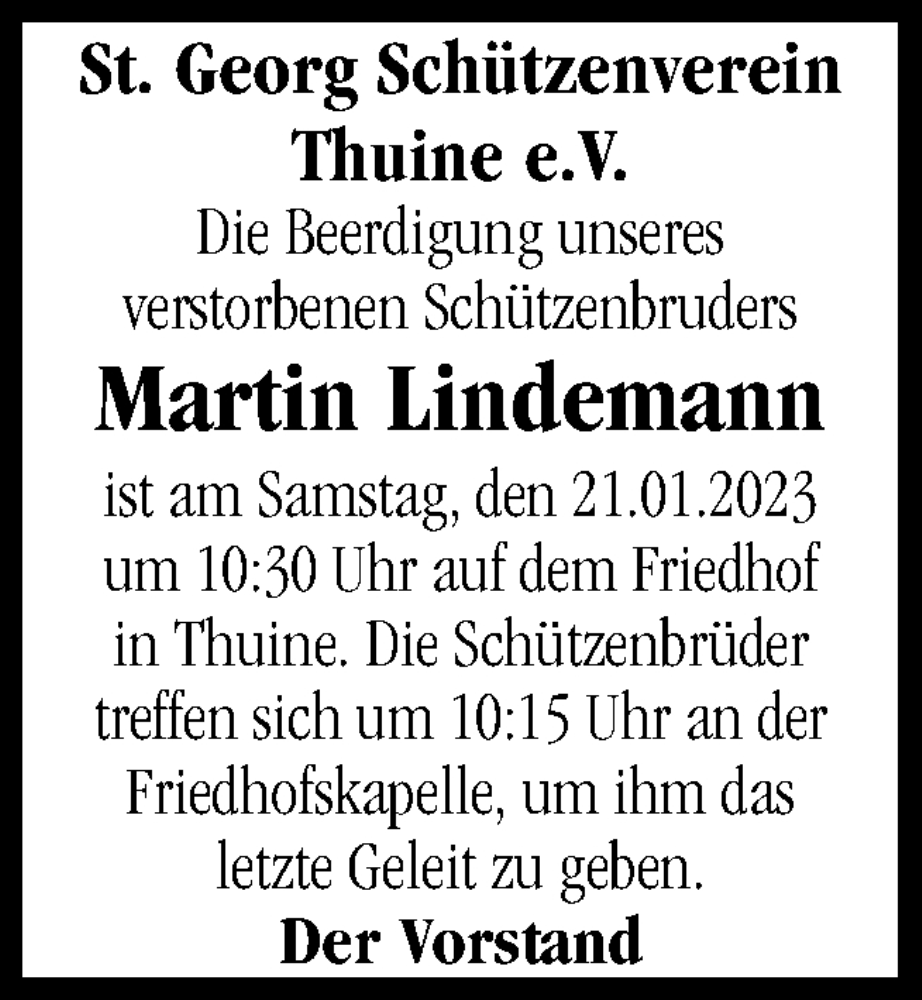  Traueranzeige für Martin Lindemann vom 20.01.2023 aus Neue Osnabrücker Zeitung GmbH & Co. KG