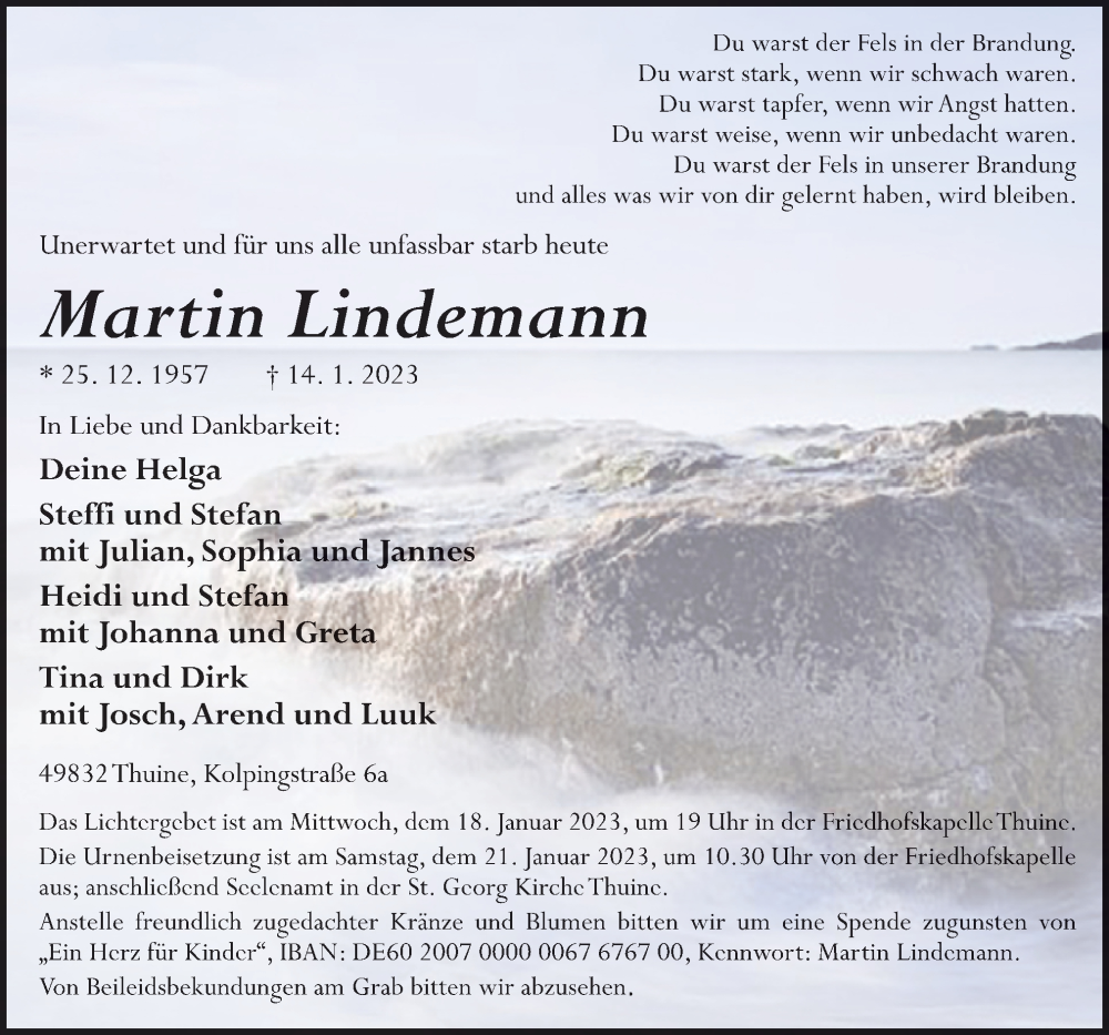  Traueranzeige für Martin Lindemann vom 16.01.2023 aus Neue Osnabrücker Zeitung GmbH & Co. KG