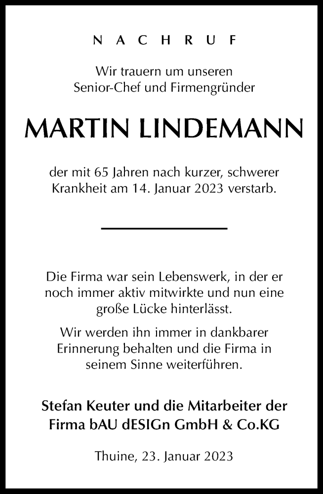  Traueranzeige für Martin Lindemann vom 25.01.2023 aus Neue Osnabrücker Zeitung GmbH & Co. KG