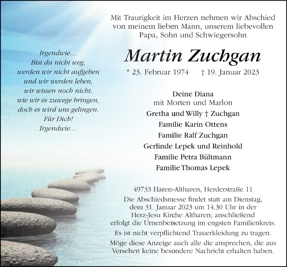  Traueranzeige für Martin Zuchgan vom 28.01.2023 aus Neue Osnabrücker Zeitung GmbH & Co. KG