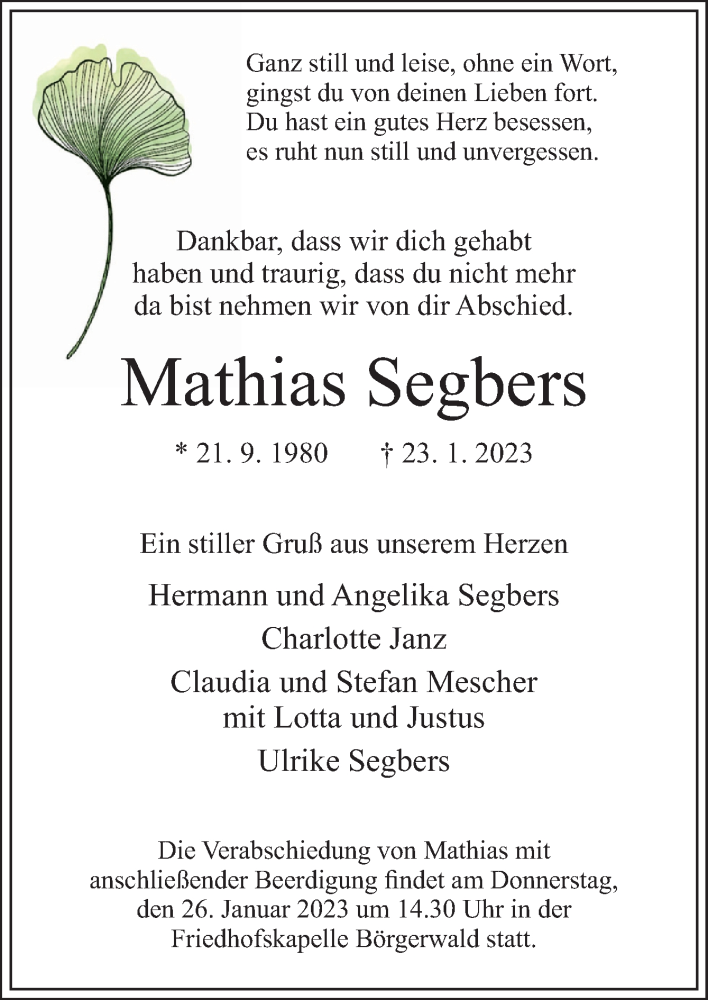  Traueranzeige für Mathias Segbers vom 25.01.2023 aus Neue Osnabrücker Zeitung GmbH & Co. KG
