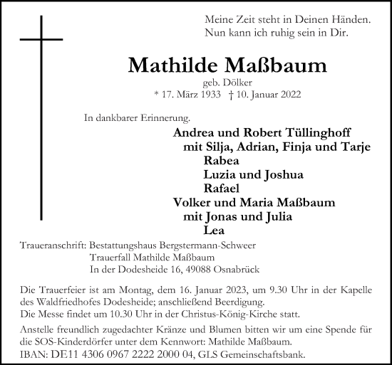 Traueranzeige von Mathilde Maßbaum von Neue Osnabrücker Zeitung GmbH & Co. KG