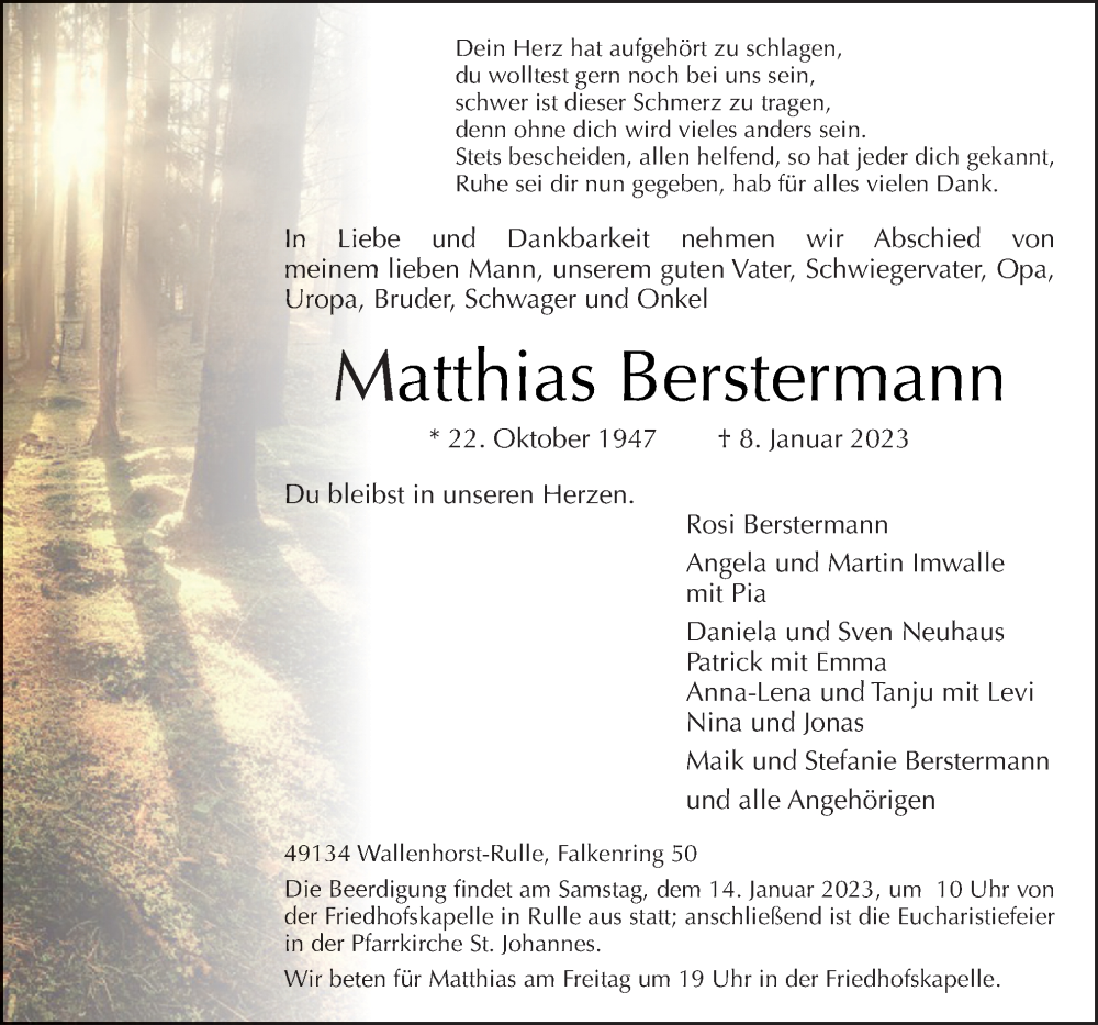  Traueranzeige für Matthias Berstermann vom 11.01.2023 aus Neue Osnabrücker Zeitung GmbH & Co. KG