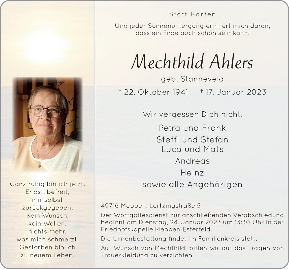  Traueranzeige für Mechthild Ahlers vom 21.01.2023 aus Neue Osnabrücker Zeitung GmbH & Co. KG