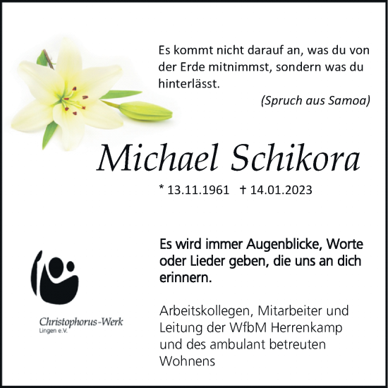 Traueranzeige von Michael Schikora von Neue Osnabrücker Zeitung GmbH & Co. KG