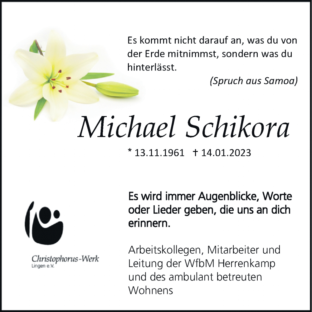  Traueranzeige für Michael Schikora vom 24.01.2023 aus Neue Osnabrücker Zeitung GmbH & Co. KG
