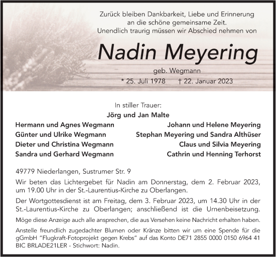 Traueranzeige von Nadin Meyering von Neue Osnabrücker Zeitung GmbH & Co. KG