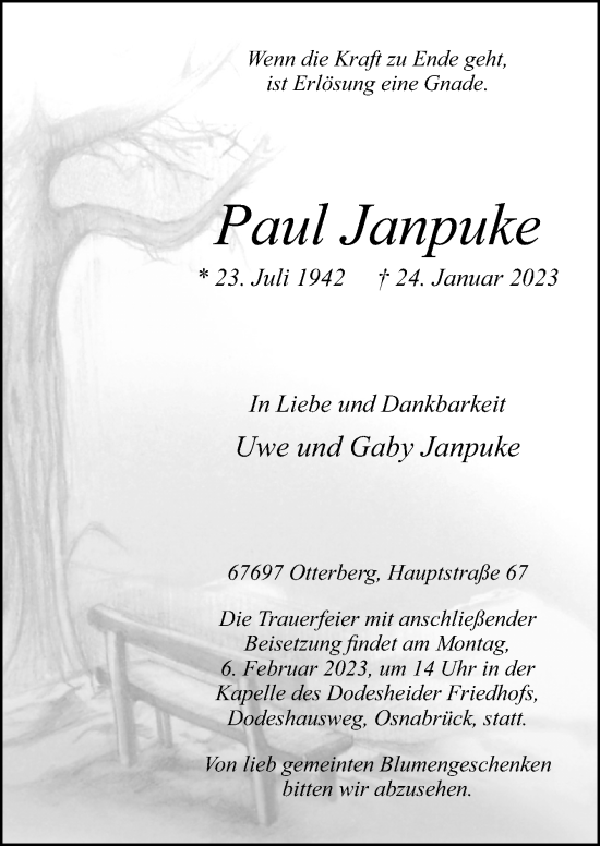 Traueranzeige von Paul Janpuke von Neue Osnabrücker Zeitung GmbH & Co. KG