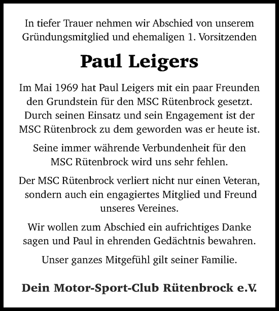 Traueranzeige von Paul Leigers von Neue Osnabrücker Zeitung GmbH & Co. KG