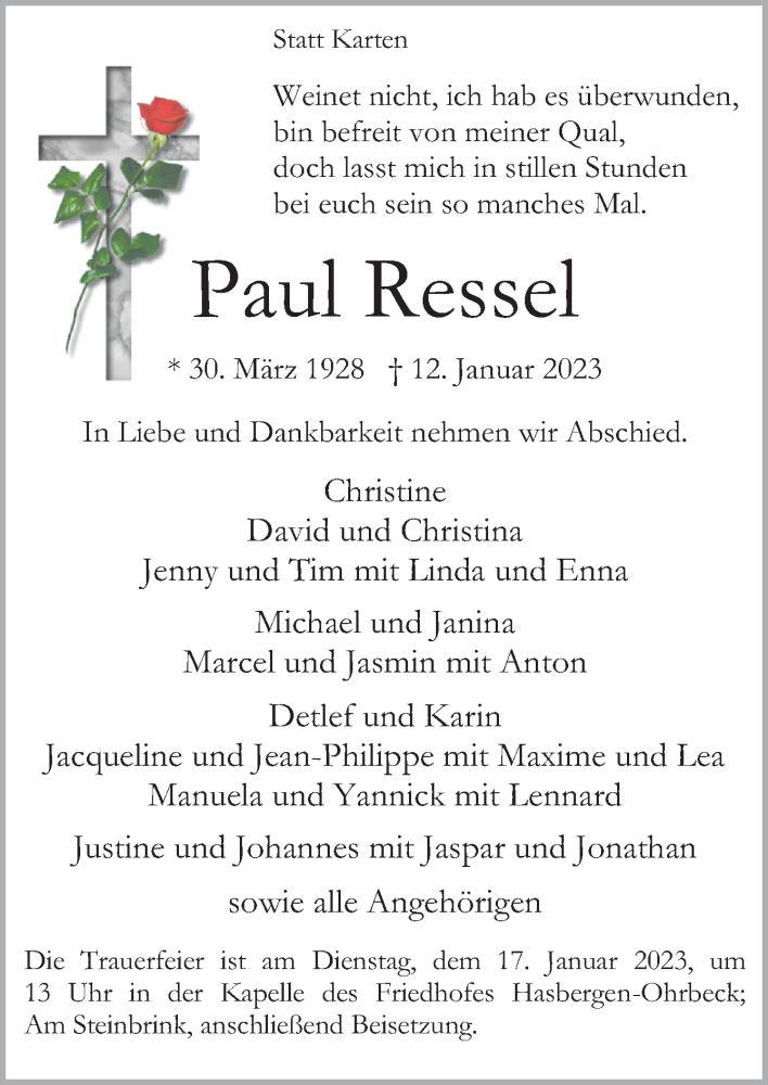  Traueranzeige für Paul Ressel vom 14.01.2023 aus Neue Osnabrücker Zeitung GmbH & Co. KG