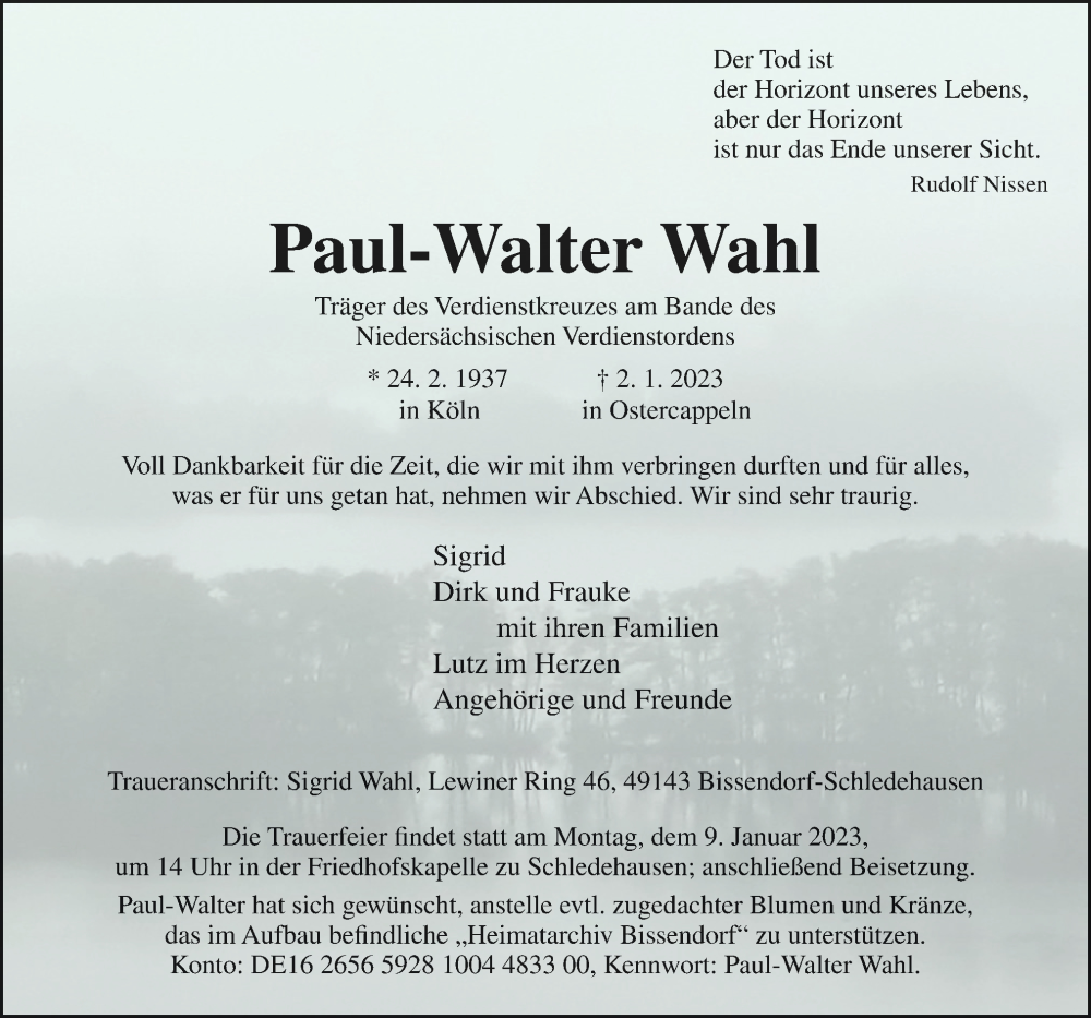  Traueranzeige für Paul-Walter Wahl vom 07.01.2023 aus Neue Osnabrücker Zeitung GmbH & Co. KG