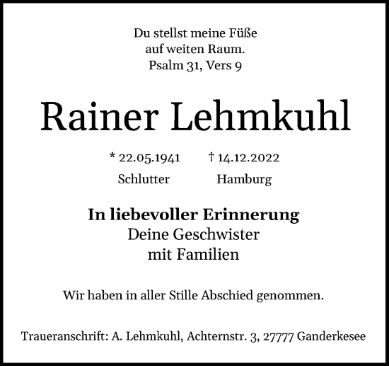 Traueranzeige von Rainer Lehmkuhl von DK Medien GmbH & Co. KG