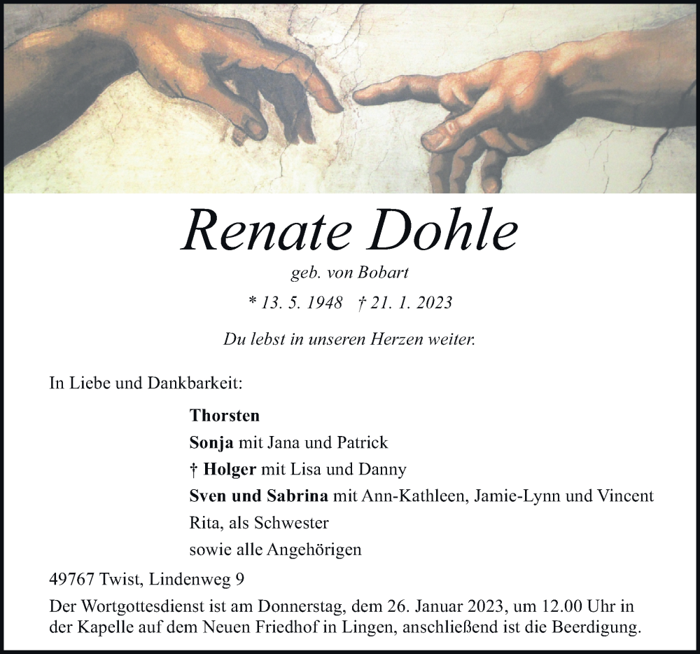  Traueranzeige für Renate Dohle vom 24.01.2023 aus Neue Osnabrücker Zeitung GmbH & Co. KG