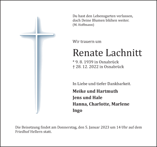 Traueranzeige von Renate Lachnitt von Neue Osnabrücker Zeitung GmbH & Co. KG