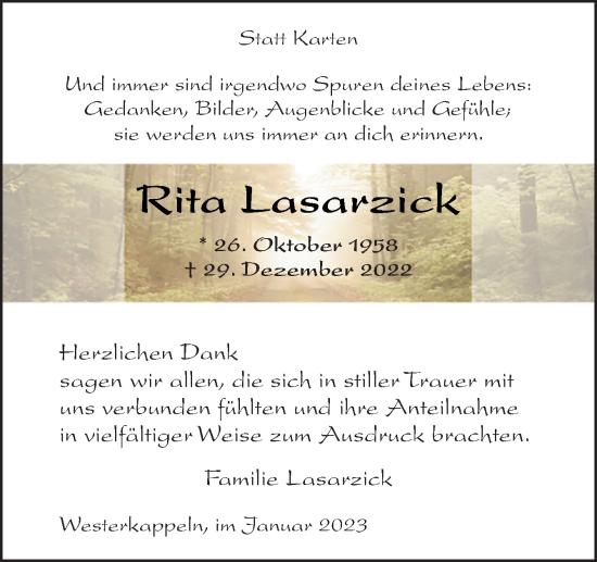 Traueranzeige von Rita Lasarzick von Neue Osnabrücker Zeitung GmbH & Co. KG