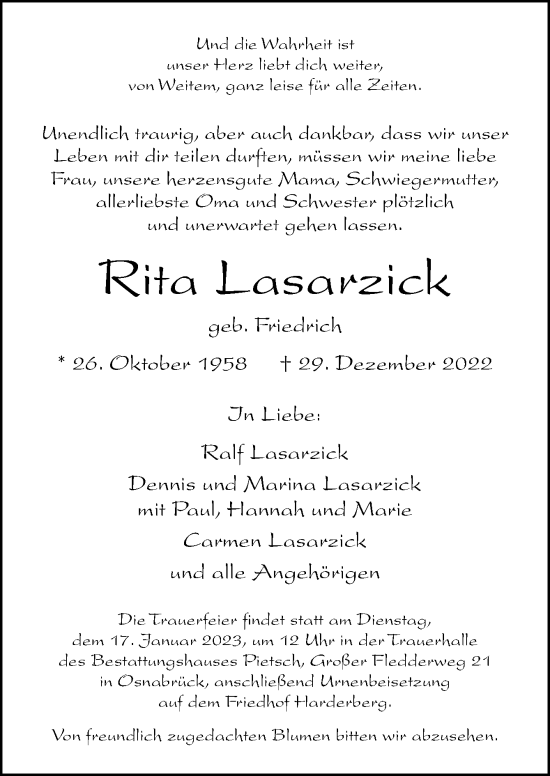 Traueranzeige von Rita Lasarzick von Neue Osnabrücker Zeitung GmbH & Co. KG