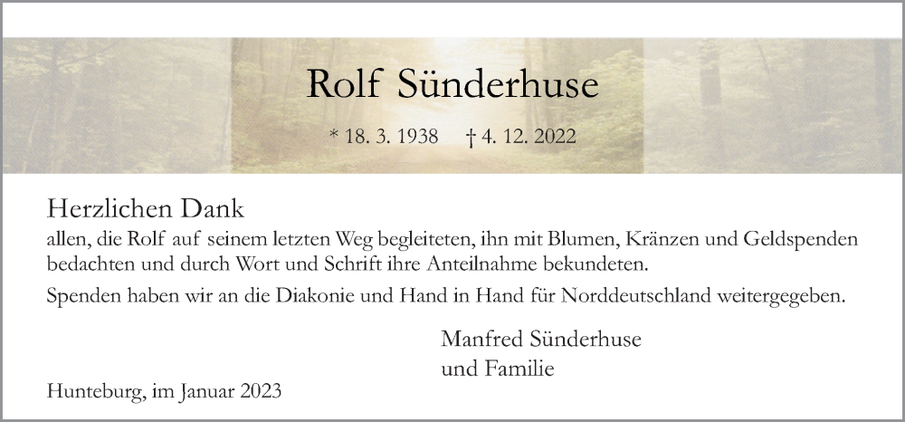  Traueranzeige für Rolf Sünderhuse vom 14.01.2023 aus Neue Osnabrücker Zeitung GmbH & Co. KG