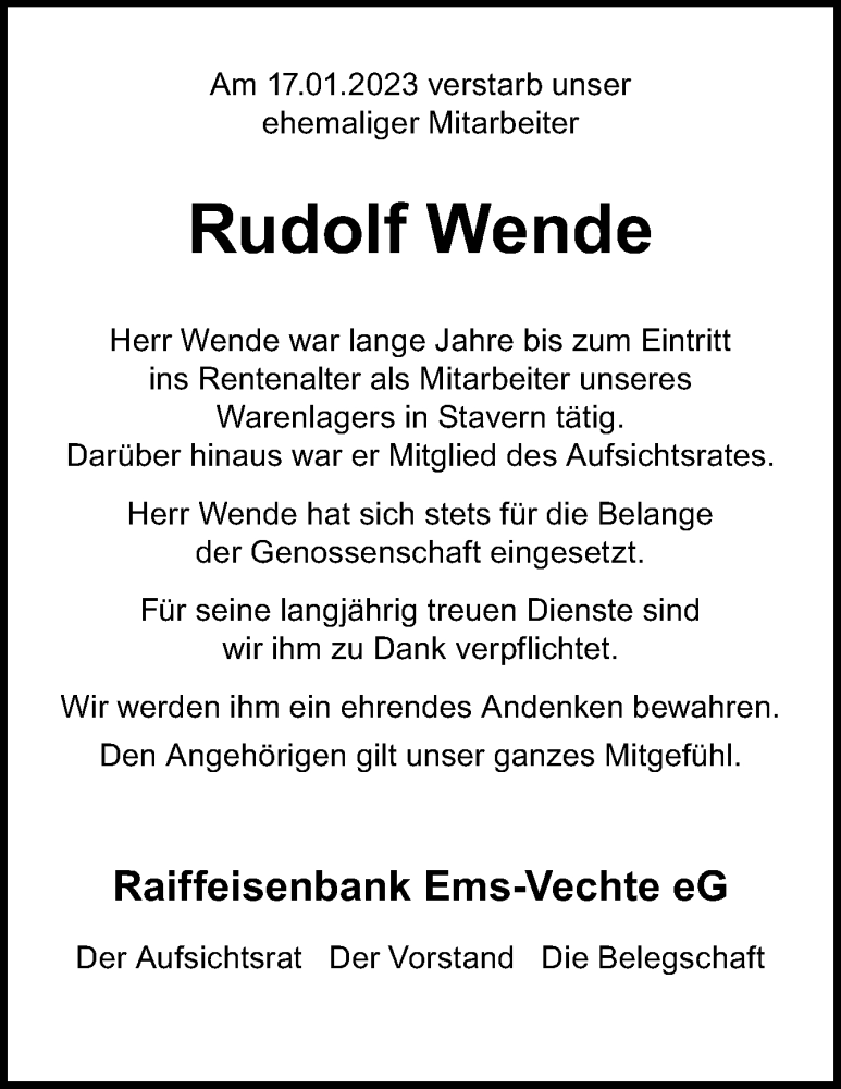  Traueranzeige für Rudolf Wende vom 27.01.2023 aus Neue Osnabrücker Zeitung GmbH & Co. KG