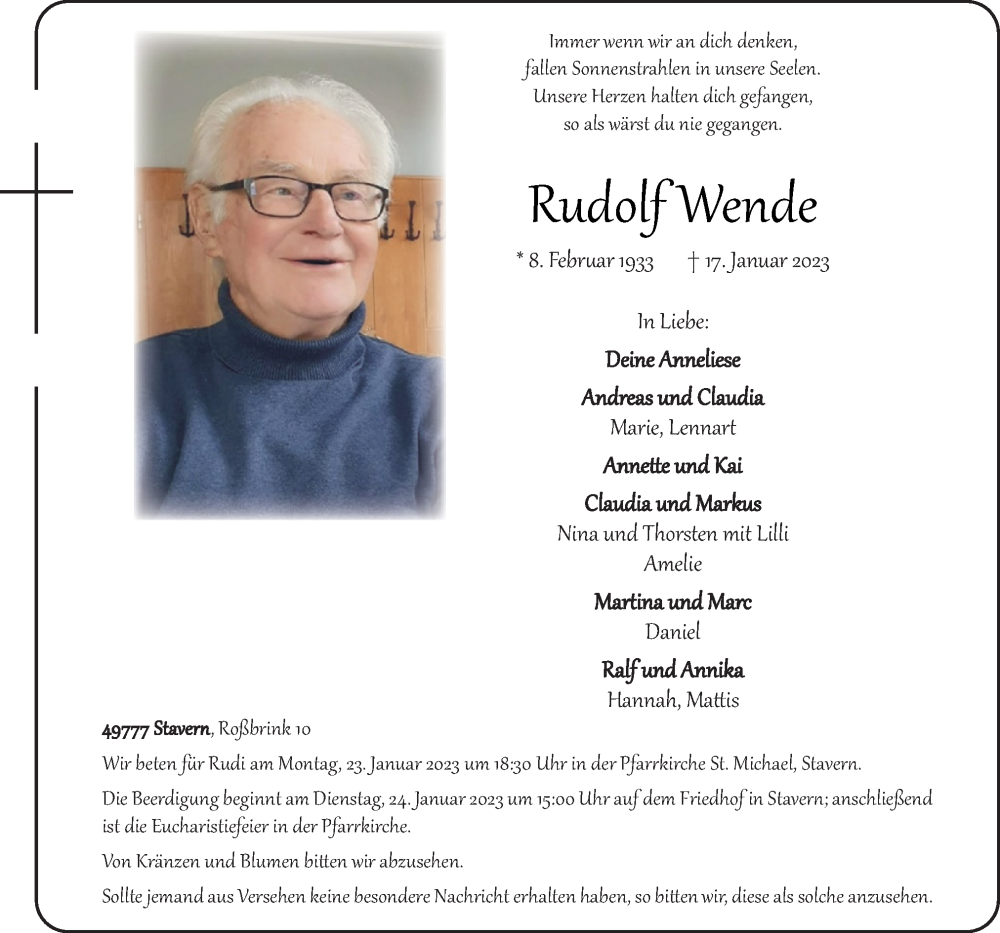  Traueranzeige für Rudolf Wende vom 21.01.2023 aus Neue Osnabrücker Zeitung GmbH & Co. KG