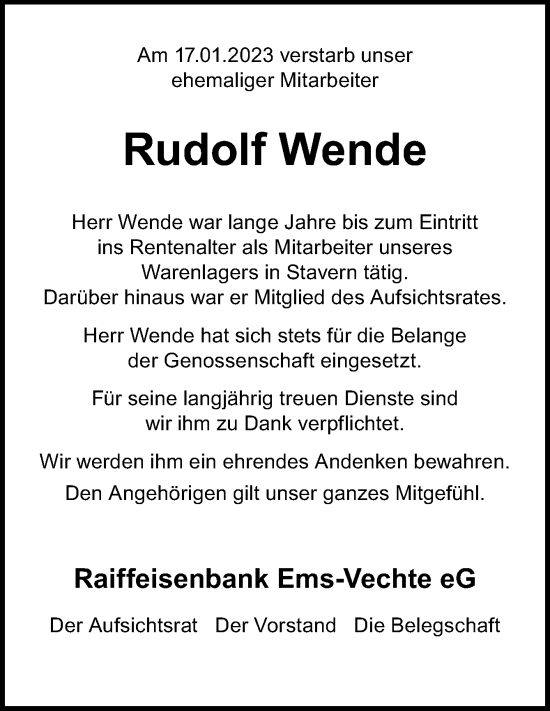 Traueranzeige von Rudolf Wende von Neue Osnabrücker Zeitung GmbH & Co. KG