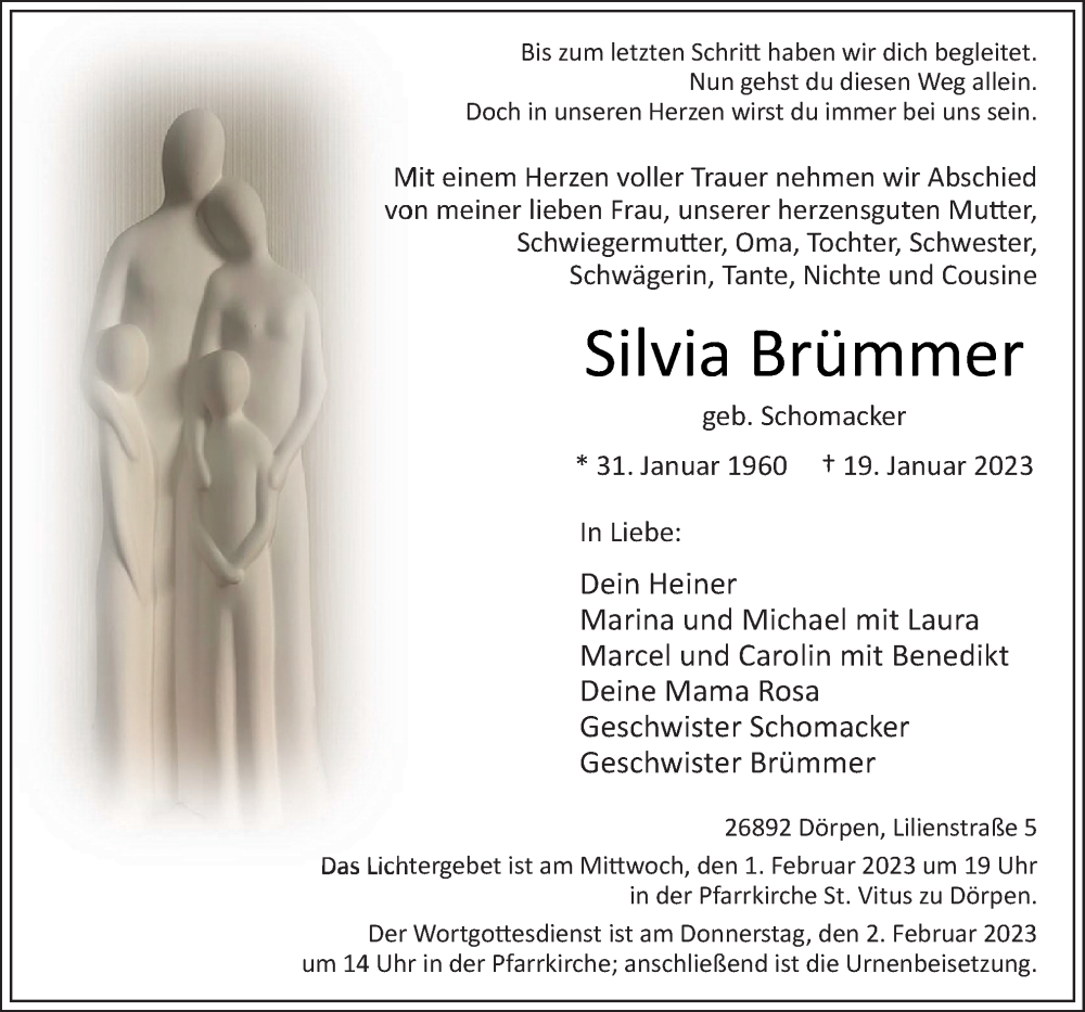  Traueranzeige für Silvia Brümmer vom 21.01.2023 aus Neue Osnabrücker Zeitung GmbH & Co. KG