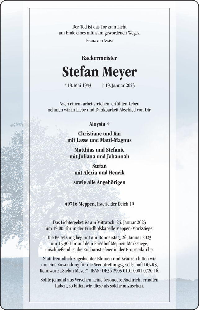  Traueranzeige für Stefan Meyer vom 21.01.2023 aus Neue Osnabrücker Zeitung GmbH & Co. KG