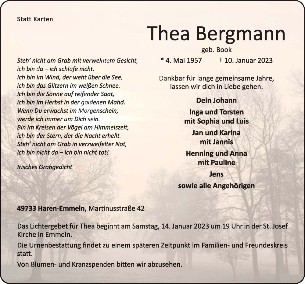  Traueranzeige für Thea Bergmann vom 12.01.2023 aus Neue Osnabrücker Zeitung GmbH & Co. KG