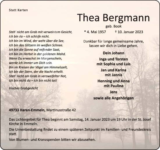 Traueranzeige von Thea Bergmann von Neue Osnabrücker Zeitung GmbH & Co. KG