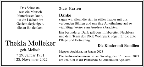 Traueranzeige von Thekla Molleker von Neue Osnabrücker Zeitung GmbH & Co. KG