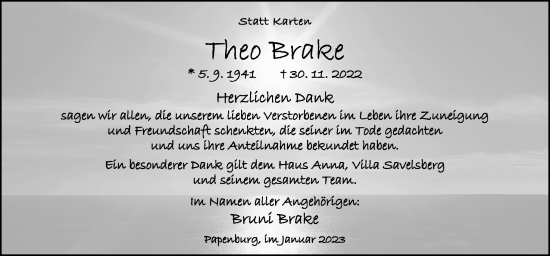 Traueranzeige von Theo Brake von Neue Osnabrücker Zeitung GmbH & Co. KG